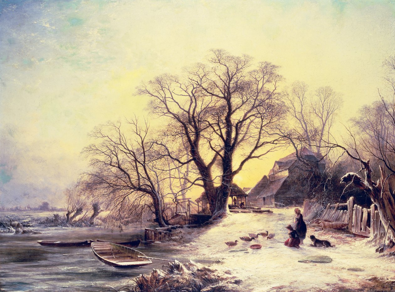 Figuren buiten een huisje in de winter door Gustaf Fredrik Rydberg