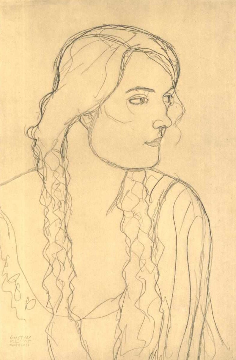 Borstbeeld van een meisje met vlechten door Gustav Klimt