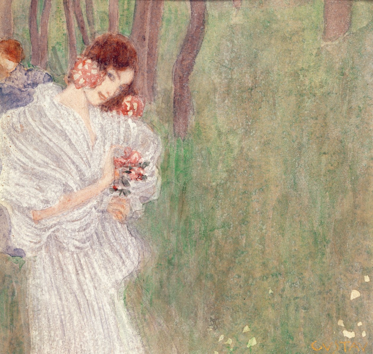 Meisje in een witte jurk staand in een bos door Gustav Klimt