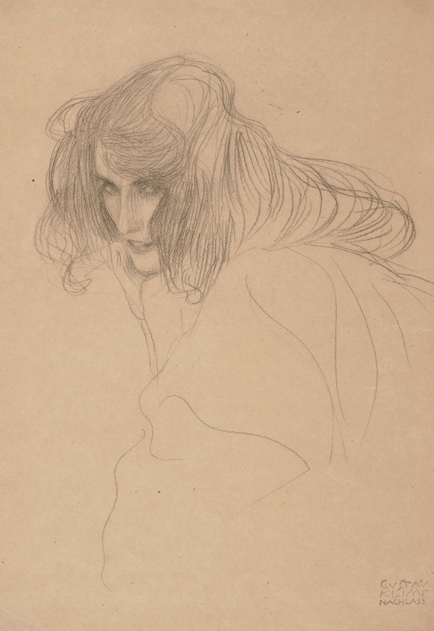 Hoofd van een vrouw in driekwart profiel (studie voor de Beethovenfries), 1901-1902 door Gustav Klimt