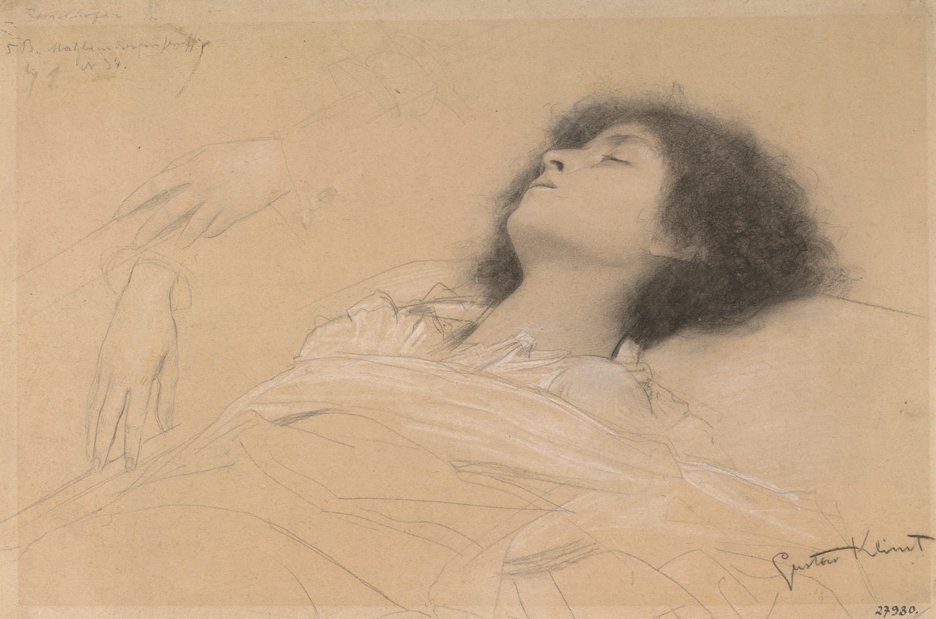 Liggend meisje en twee studies van handen door Gustav Klimt