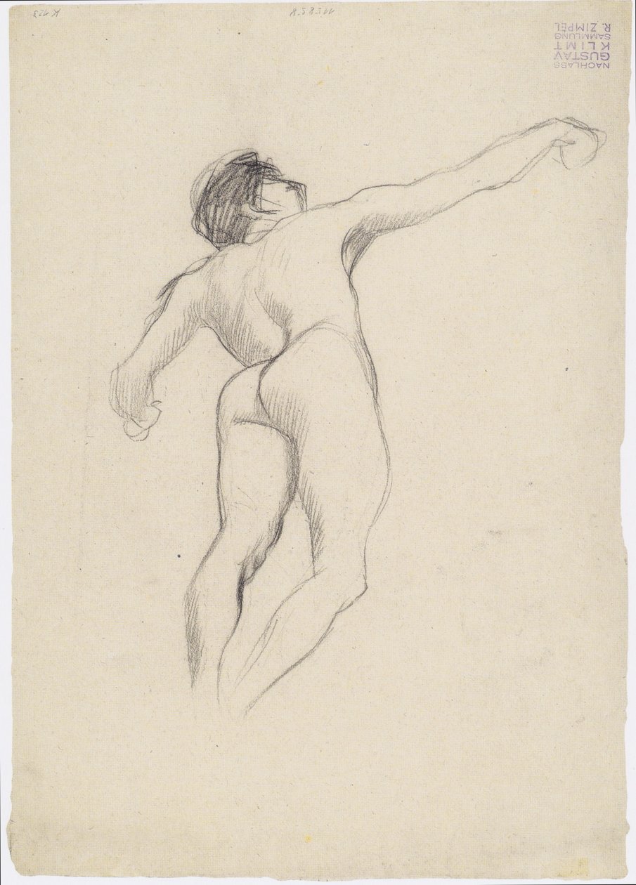 Zwevende mannelijke rugnaakt in sterke onderaanzicht naar rechts door Gustav Klimt