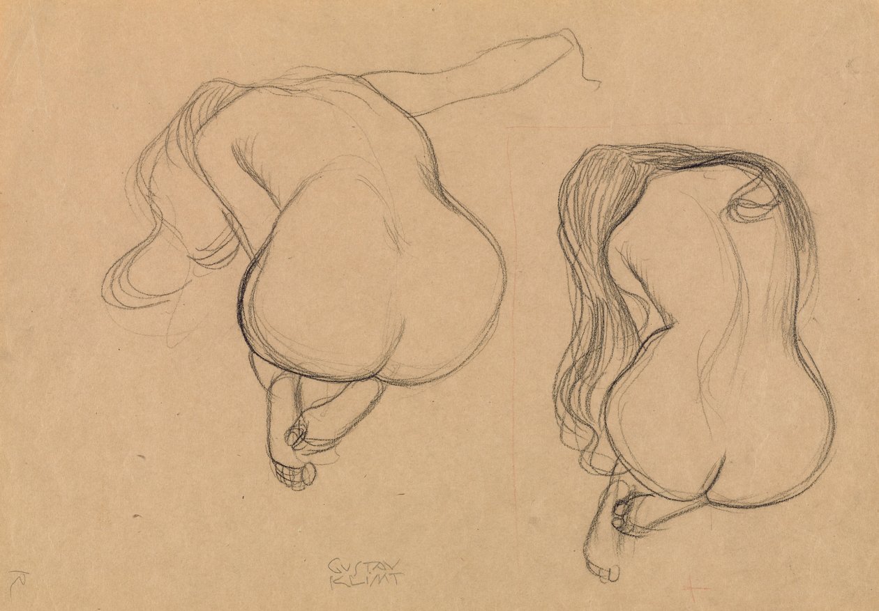 Twee studies van een zittende naakte vrouw met lang haar door Gustav Klimt