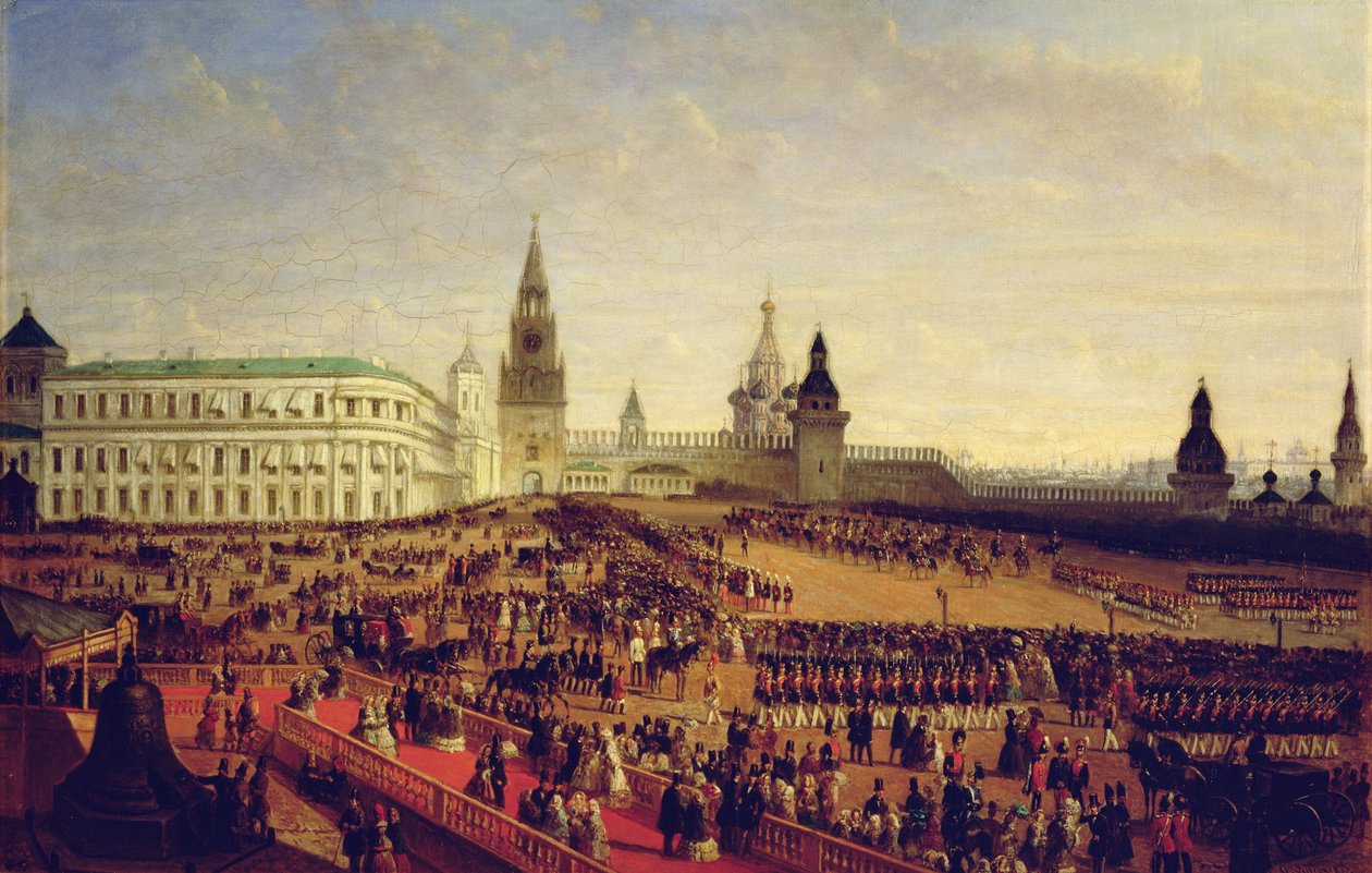 Militaire parade tijdens de kroning van Alexander II in het Kremlin van Moskou op 18 februari 1855, 1856 door Gustav Schwarz