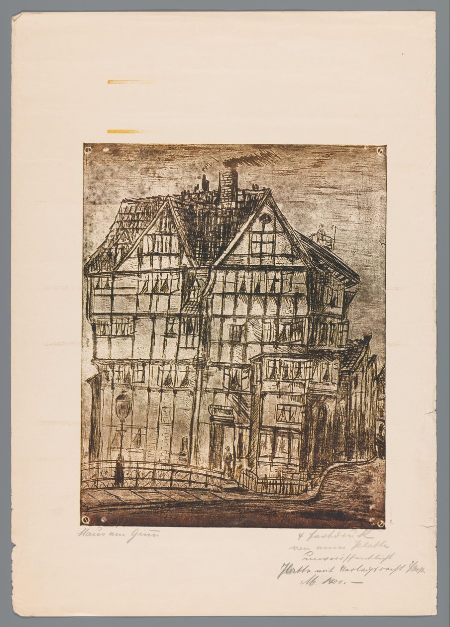 Reproductie van een prent of tekening met gezicht op een oud huis, mogelijk te Greiz in Duitsland door Gustav Digel (signed by artist)
