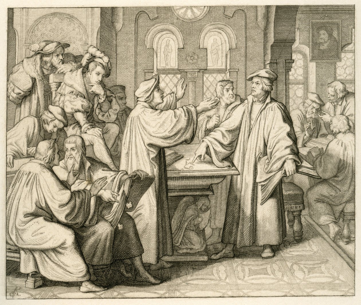 Luther en Ulrich Zwingli (1494-1531) discussiëren over het sacrament en komen niet tot overeenstemming, in Marburg 1529 door Gustav Ferdinand Leopold Konig