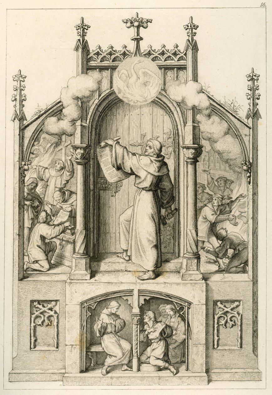 Luther wil geen aflaten geven, links: Johann Tetzel (1465-1519) verbrandt de papieren van Luther, hoofdbeeld: Luther hangt zijn 95 stellingen aan de kerkdeur van Wittenberg, rechts: studenten van de universiteit van Wittenberg verbranden door Gustav Ferdinand Leopold Konig