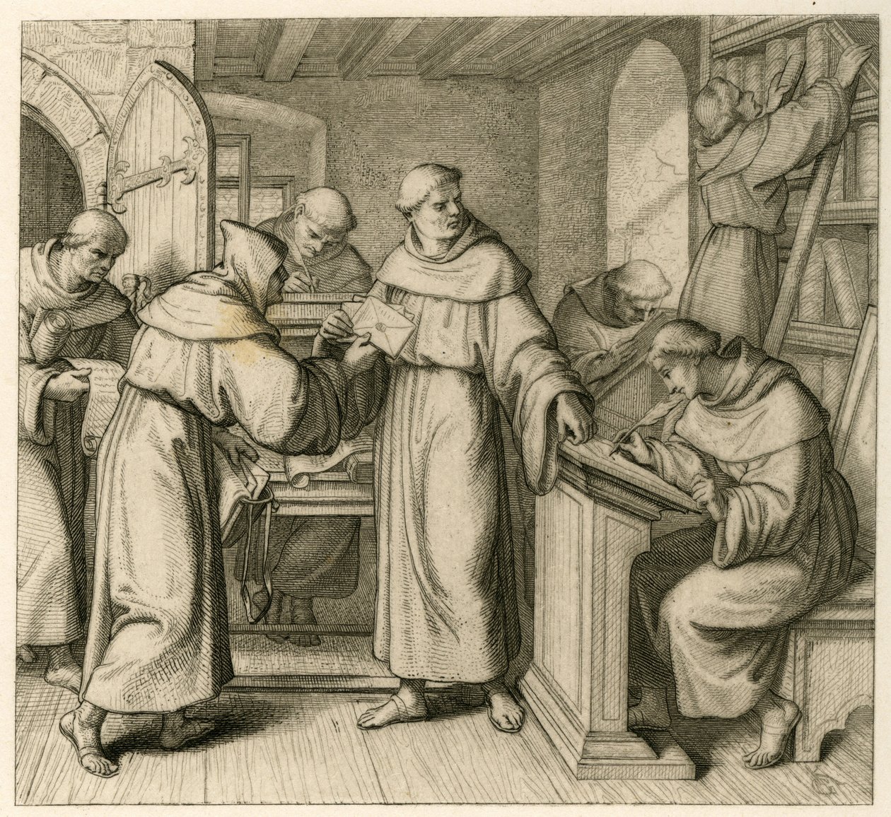 Maarten Luther als vicaris-generaal van het Augustijner klooster. Illustratie uit: "Dr. Martin Luther de Duitse hervormer", geïllustreerd door Gustav Koenig, uitgegeven door Rudolf Besser, Gotha door Gustav Ferdinand Leopold Konig