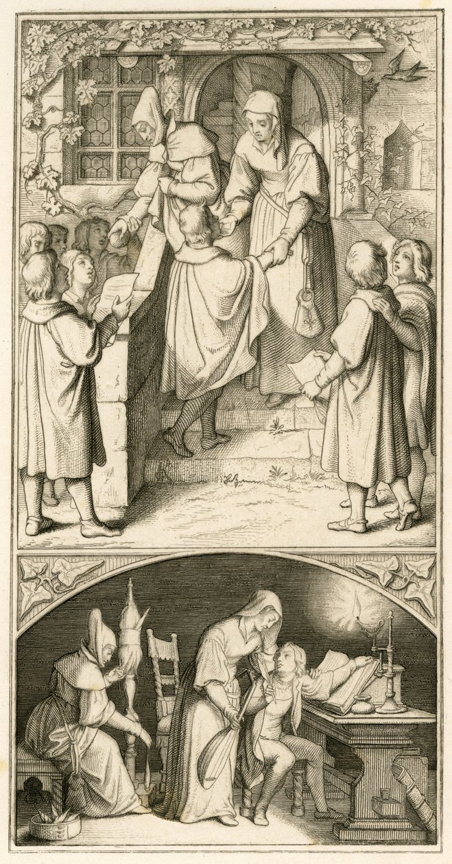 Maarten Luther als schooljongen, hij zingt voor de deur van Ursula Cotta in Eisenach voor een beetje brood. In dit huis zal hij pijp en luit leren spelen, aldus de originele tekst door Gustav Ferdinand Leopold Konig