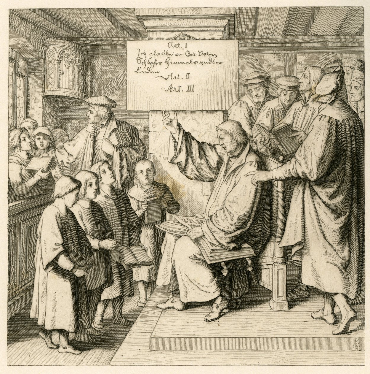 Maarten Luther op school met veel kinderen, omdat de godsdienstlessen erg belangrijk voor hem zijn, rechts enkele leraren door Gustav Ferdinand Leopold Konig