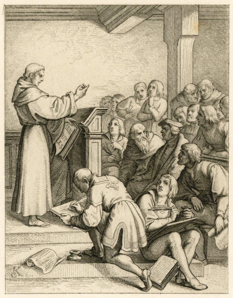 Maarten Luther geeft lezingen aan de universiteit van Wittenberg, voor hem de vice-kanselier Dr. Pollich en zijn vaderlijke vriend Johann von Staupitz (1460-1524) door Gustav Ferdinand Leopold Konig