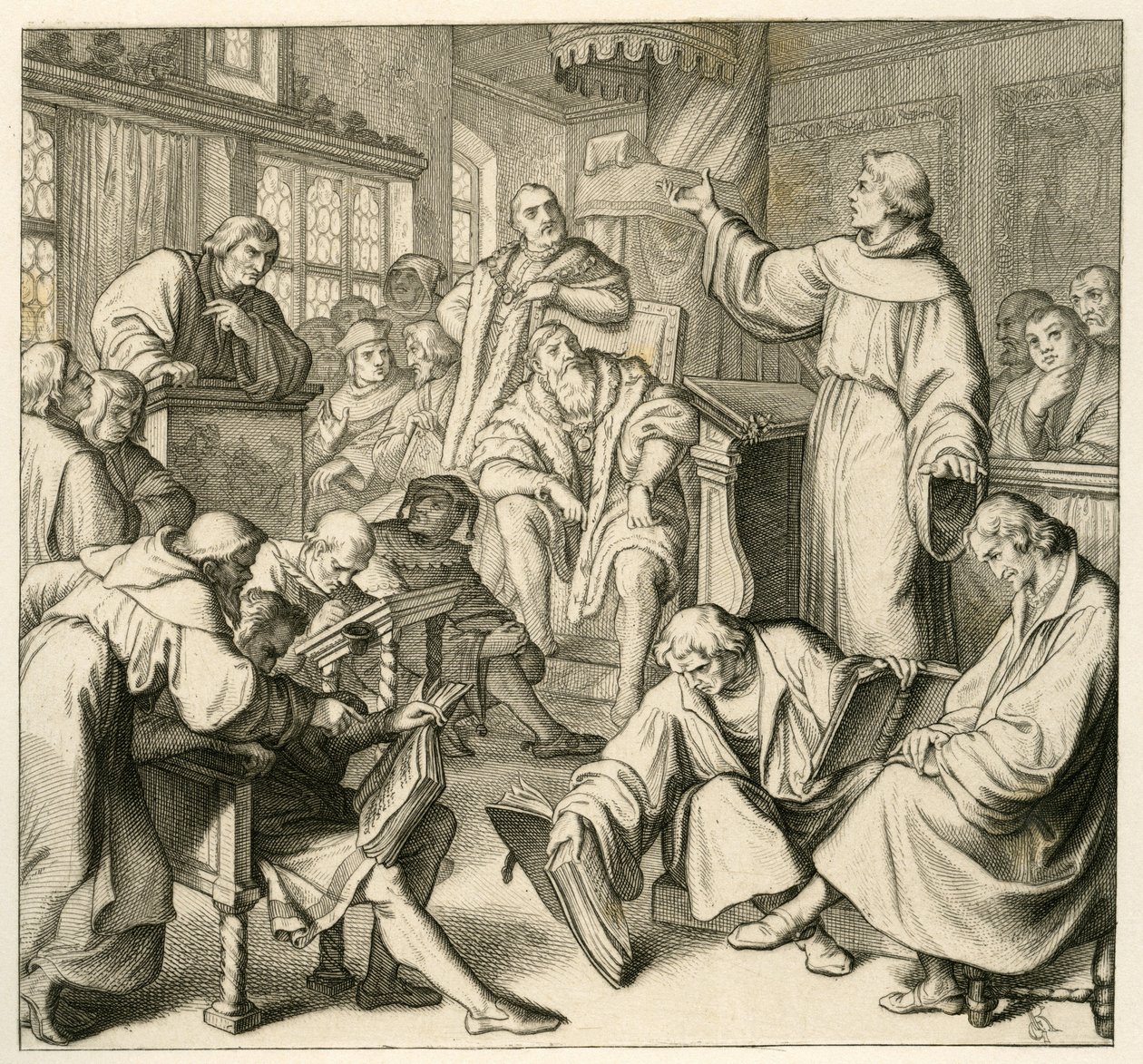 Maarten Luther in discussie met Dr. Johannes Eck (Johann Maier von Eck) (1486-1543), aan de kant van Luther staan Philipp Melanchthon (1497-1560) en Karlstadt (Andreas Rudolf Bodenstein von Karlstadt) door Gustav Ferdinand Leopold Konig