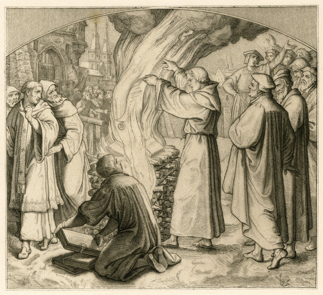 Maarten Luther verbrandt de bul van excommunicatie door Gustav Ferdinand Leopold Konig