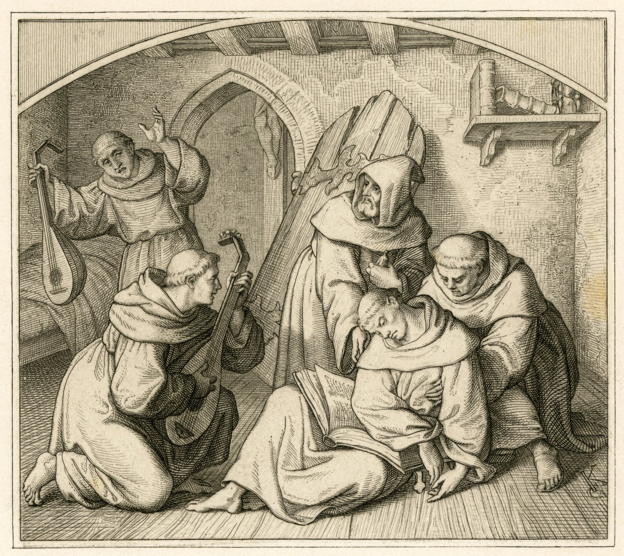 Maarten Luther is bewusteloos in zijn kloostercel, samen met andere monniken die luit spelen door Gustav Ferdinand Leopold Konig