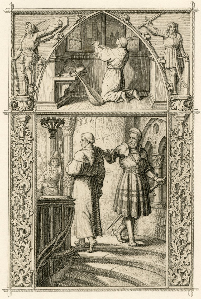 Maarten Luther bereidt zich voor met een gebed voor de ontmoeting met de keizer (bovenste afbeelding); hoofdbeeld: Luther ontmoet de ridder George (Georg) von Frundsberg (Jorg von Fronsberg, Freundsbergin) door Gustav Ferdinand Leopold Konig