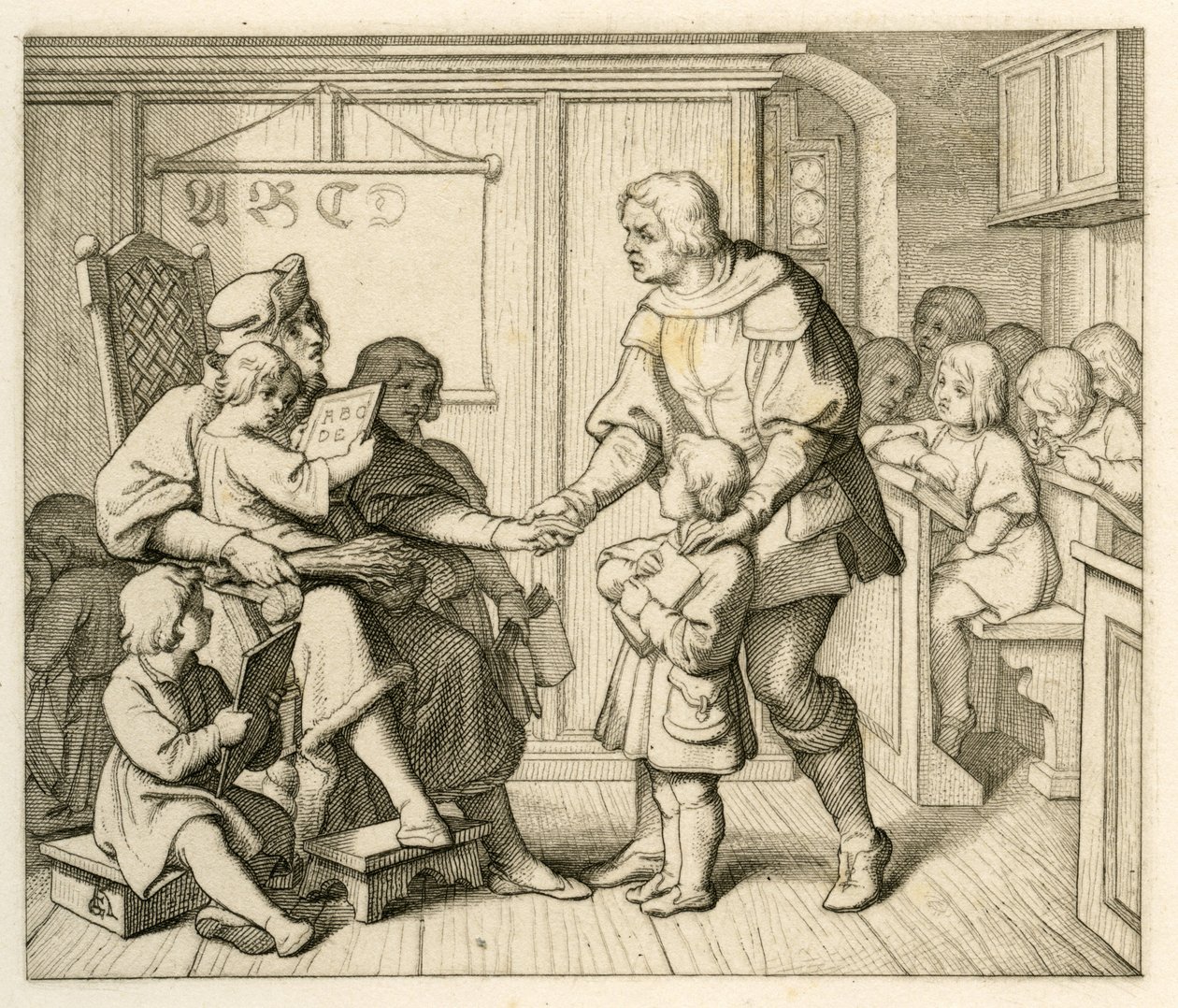 Maarten Luthers inschrijving op school in Mansfeld, in deze illustratie samen met zijn vader Hans door Gustav Ferdinand Leopold Konig