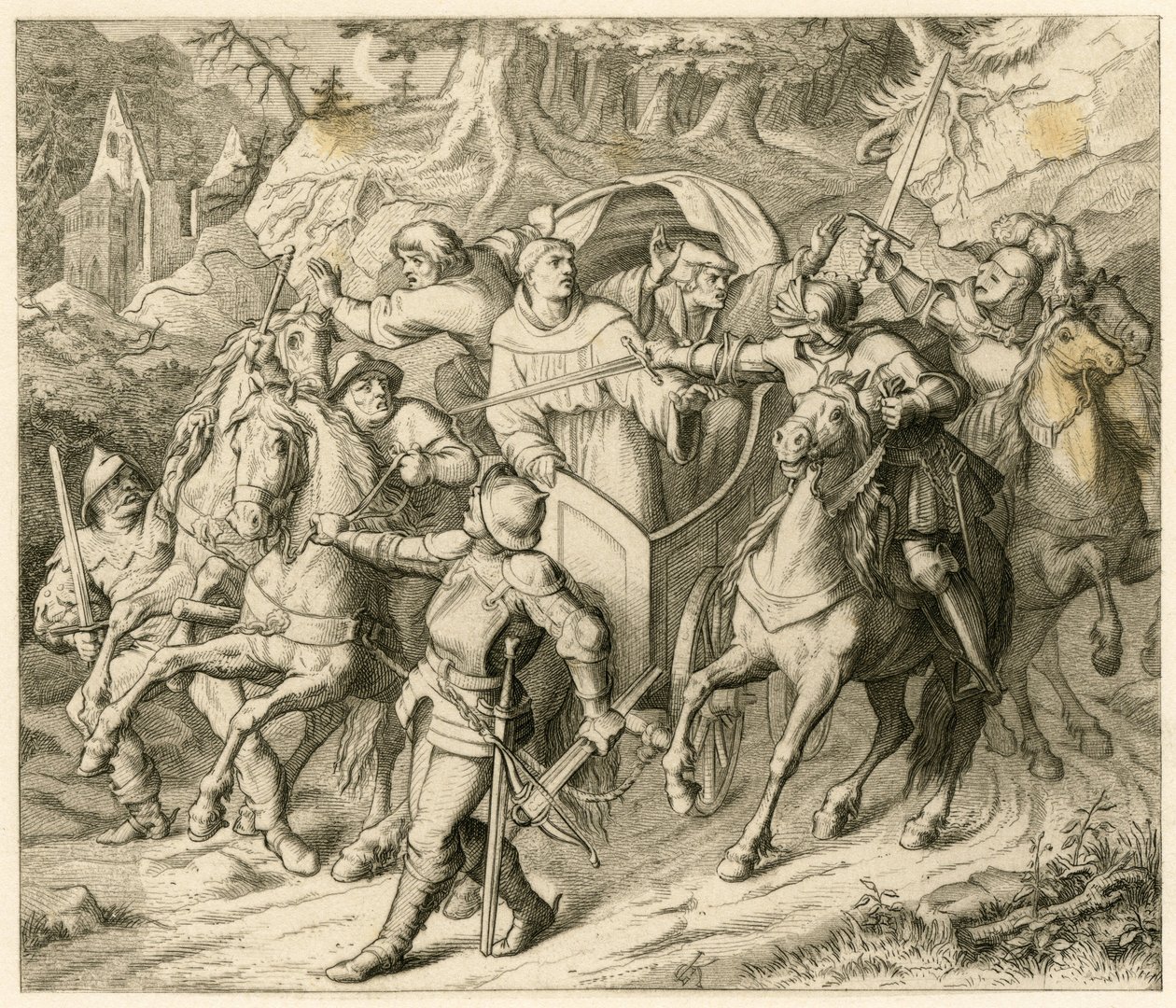 De ontvoering van Maarten Luther op zijn terugreis - 1521 - door Hauptmann von Berlepsch en Burkhard Hund, vanwege de pauselijke ban en de rijksban van de keizer door Gustav Ferdinand Leopold Konig
