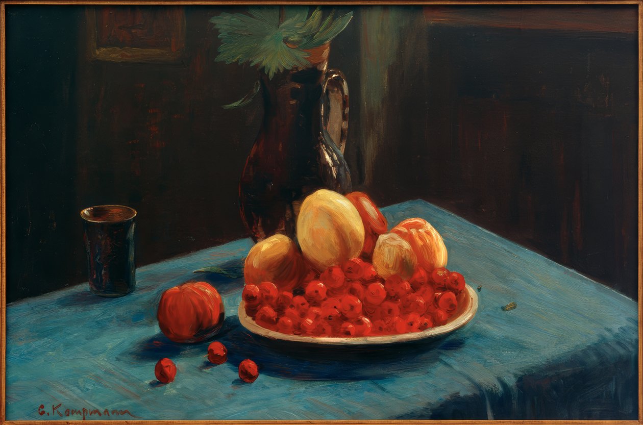 Fruitstilleven op blauwe tafelkleed door Gustav Kampmann