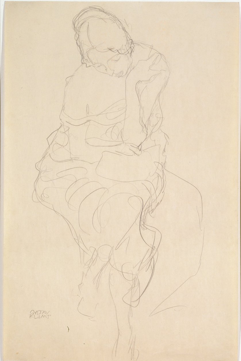 Zittend op een kruk van voren door Gustav Klimt