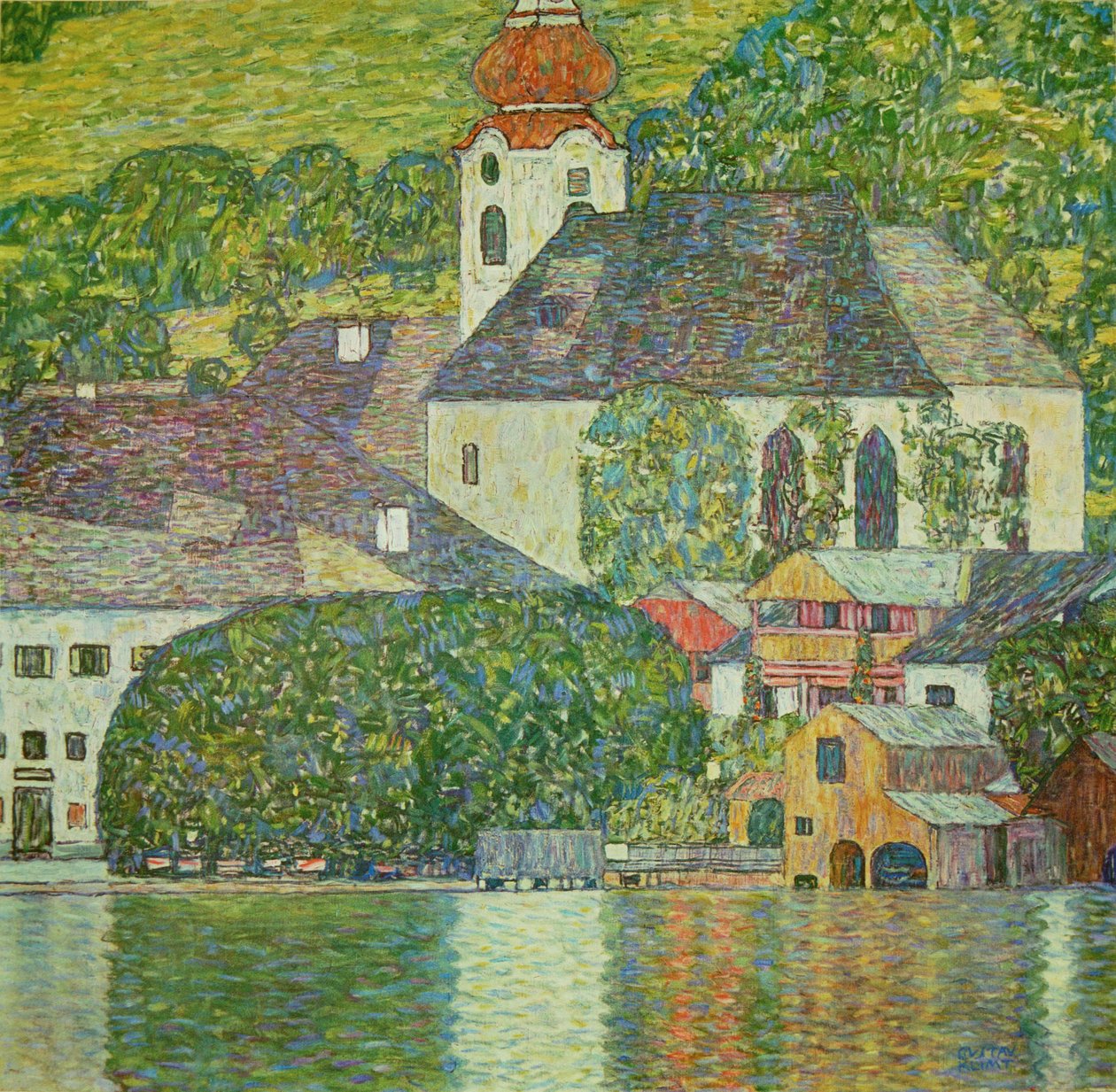 Kerk in Unterach aan het Attersee-meer (schilderij op doek) door Gustav Klimt