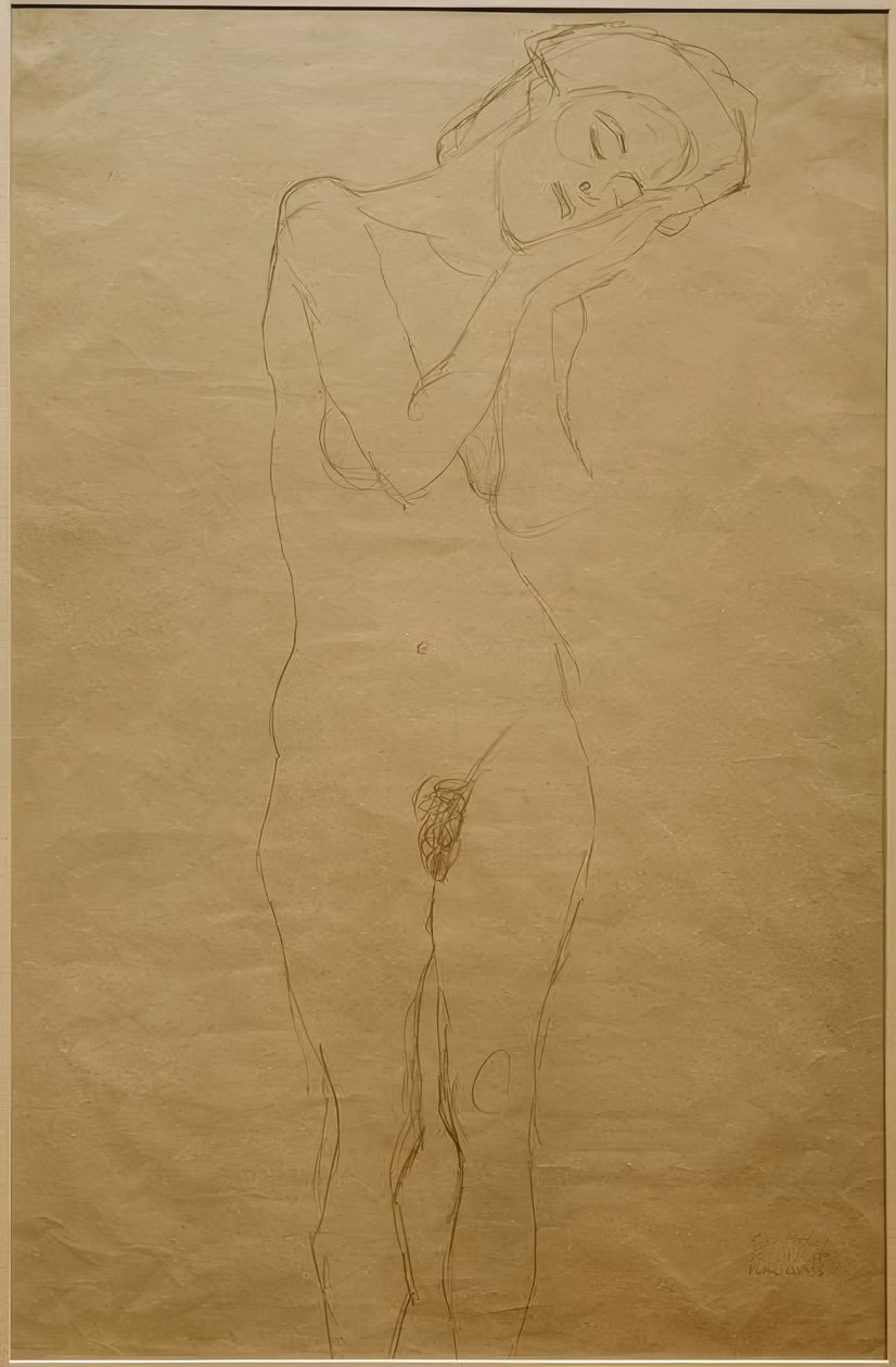 Meisjesnaakt van voren, handen tegen de wang door Gustav Klimt
