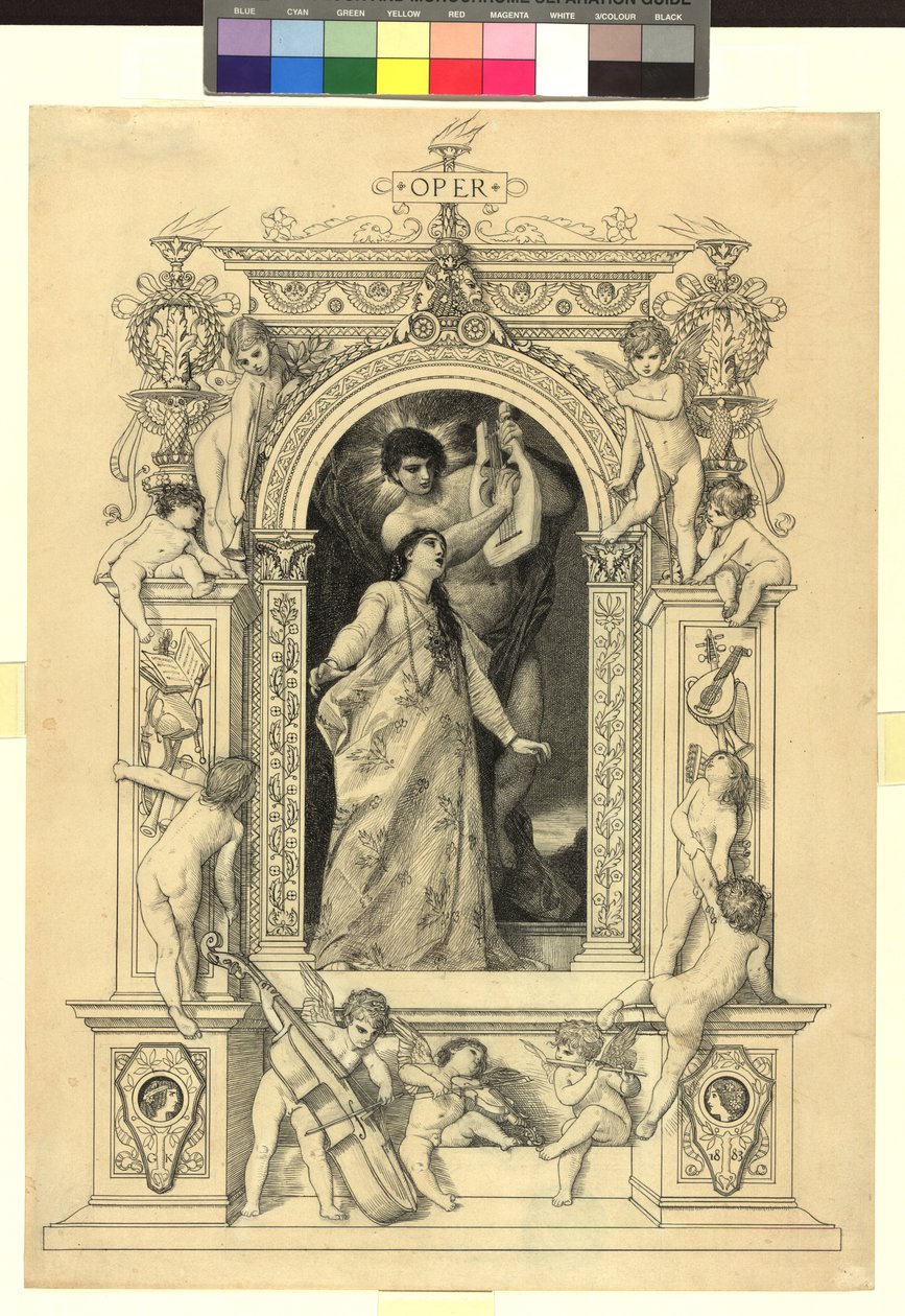 Oper (Vorlage für: Gerlach & Schenk, Allegorien und Embleme Bd. 1 Nr. 64a) door Gustav Klimt