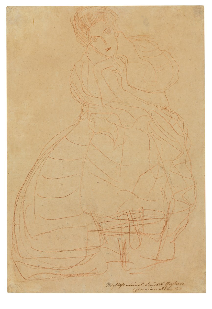 Portret van Adele Bloch-Bauer. Kostuumstudie met handen in hoefijzervorm door Gustav Klimt