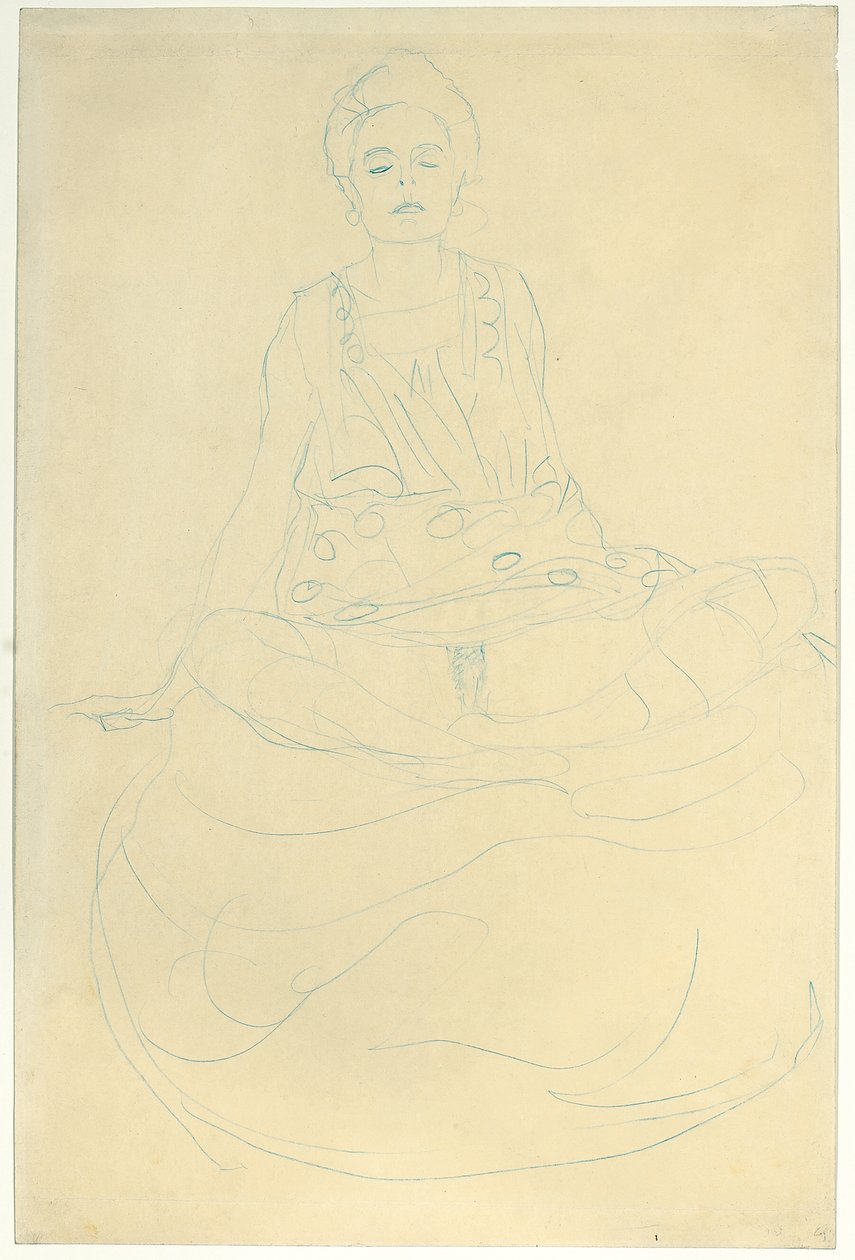Zittende halfnaakte van voren, ca. 1907 door Gustav Klimt