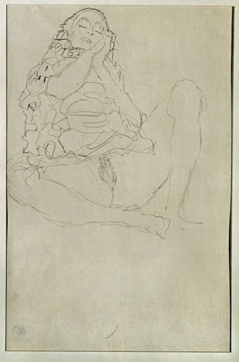 Halfnaakt zittend met gesloten ogen door Gustav Klimt