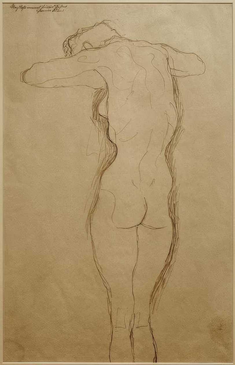 Staande rugnaakt, armen horizontaal gebogen (studie) door Gustav Klimt