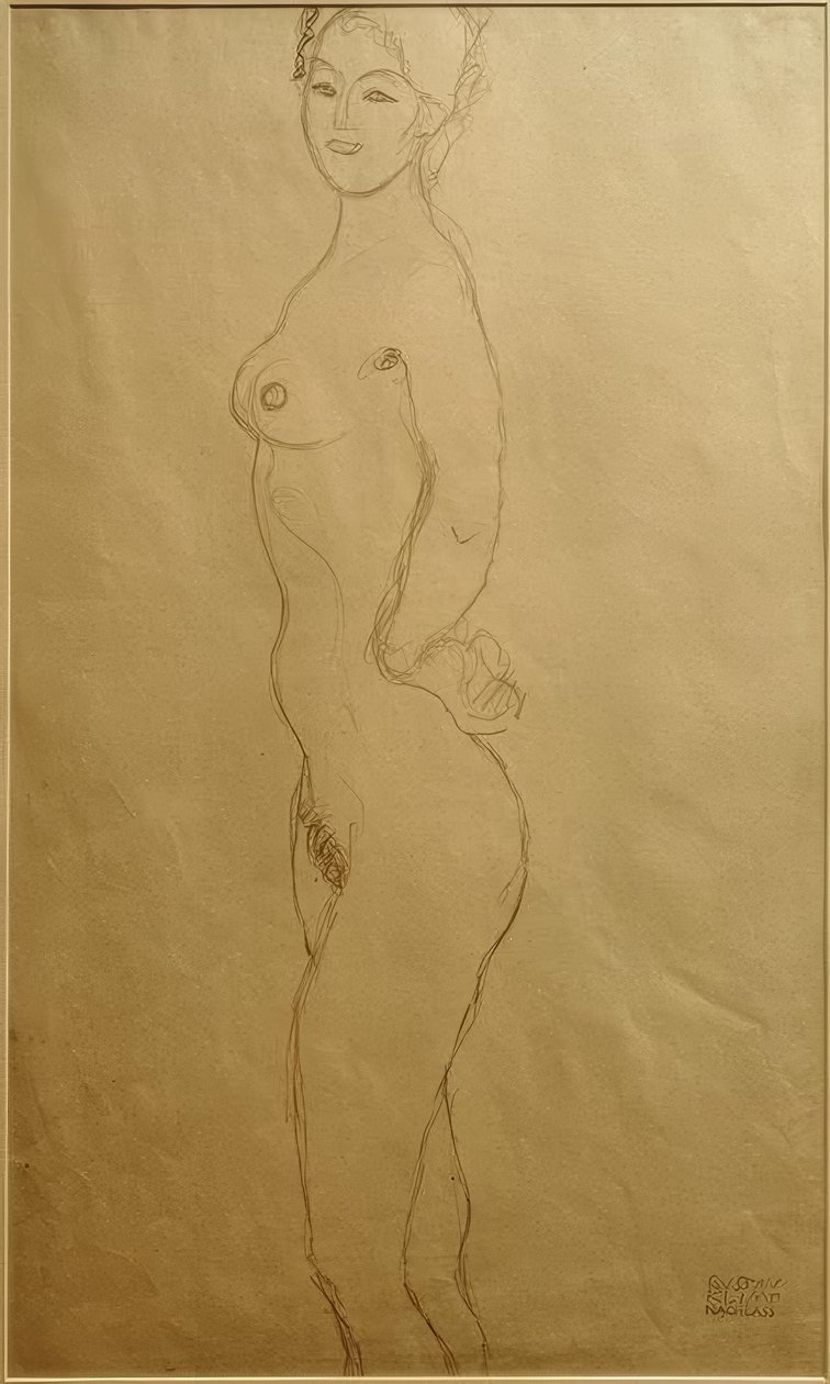 Staande vrouwelijke naakt naar links, de hand in de... door Gustav Klimt