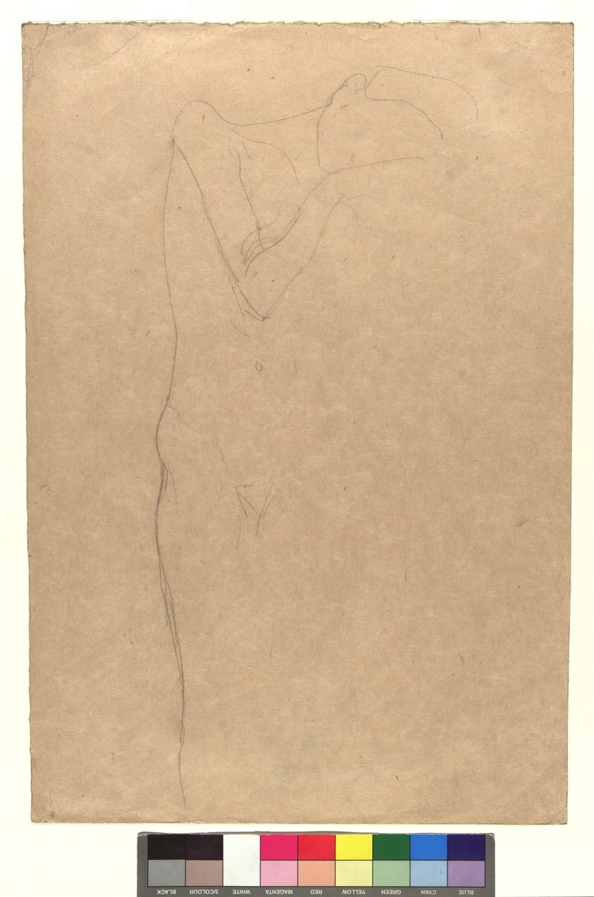 Studie zu einem stehenden weiblichen Akt, die Hände an die Wange gelegt door Gustav Klimt