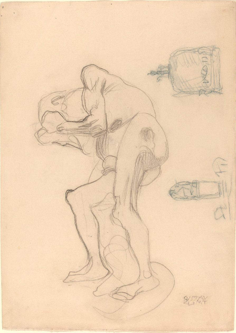 Studie van een Naakte Oude Vrouw die Haar Vuisten Balt, en Twee Decoratieve Objecten door Gustav Klimt