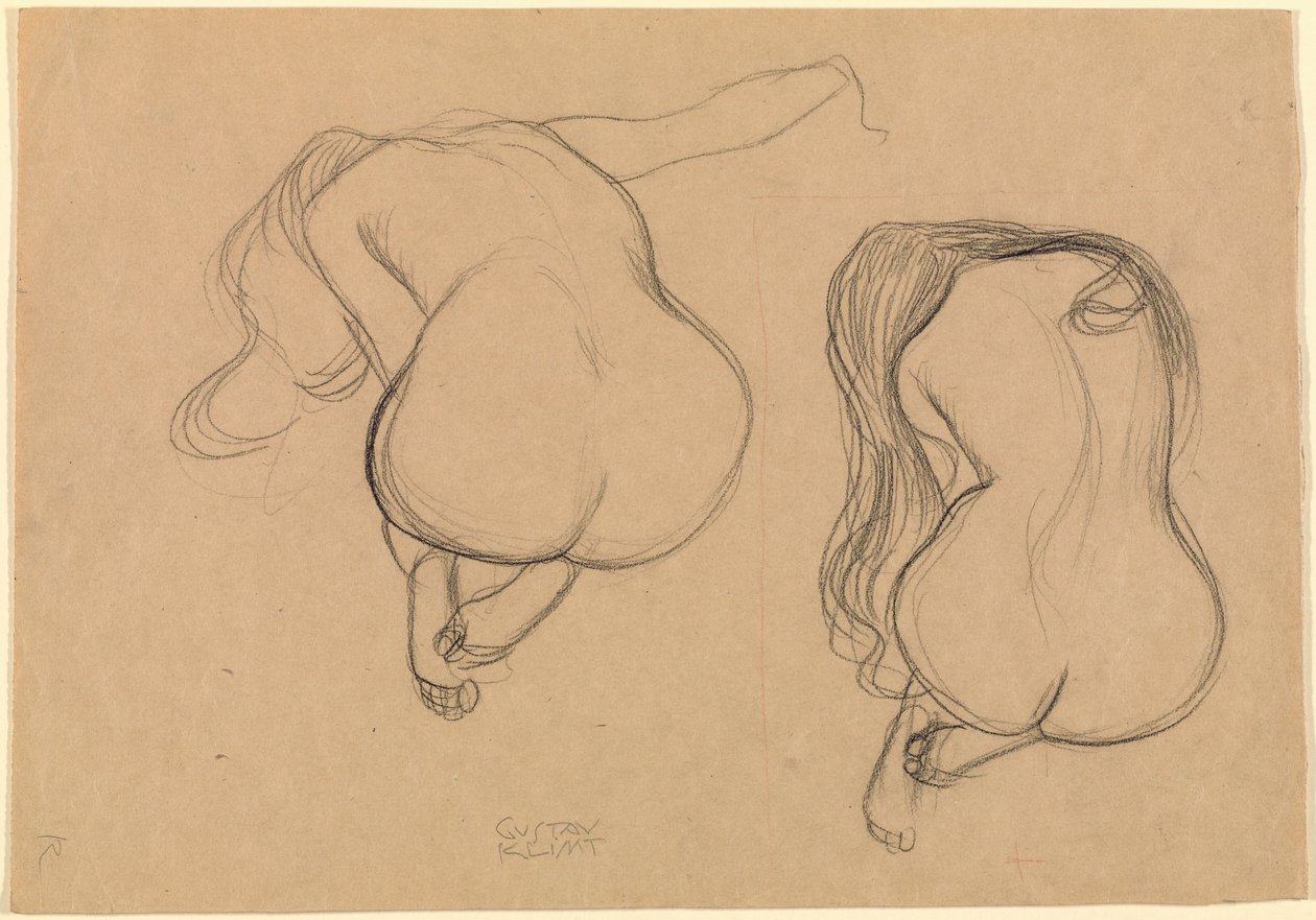 Twee studies van een zittend naakt met lang haar door Gustav Klimt