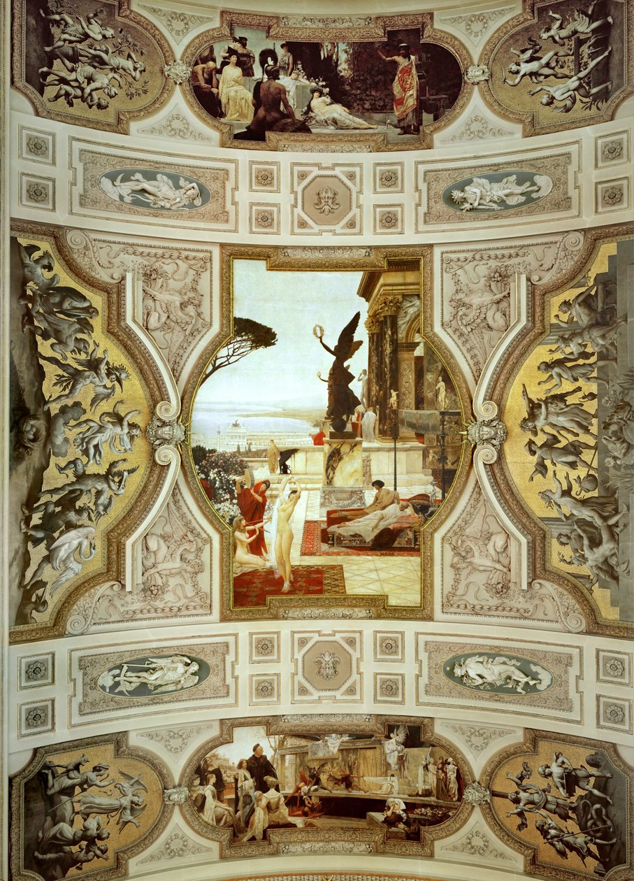 Burgtheater in Wenen, trap (links): Theater in Taormina, detail door Gustav Klimt