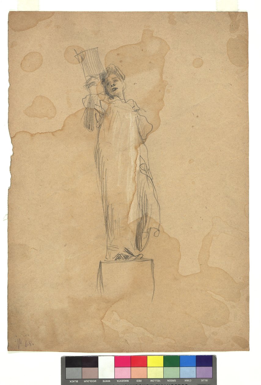 Weibliche Figur auf einem Sockel door Gustav Klimt