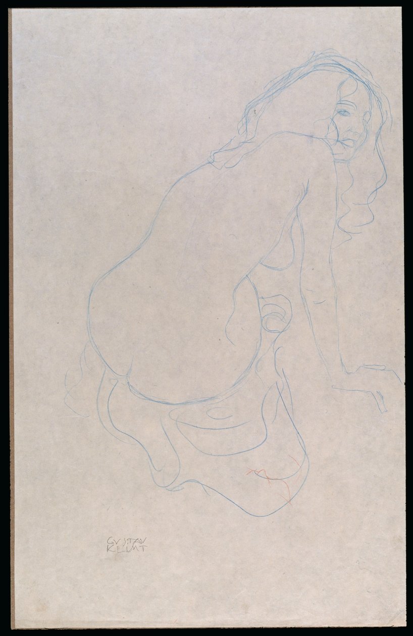 Vrouw leunend naar rechts met lang haar, ca. 1910-11 door Gustav Klimt