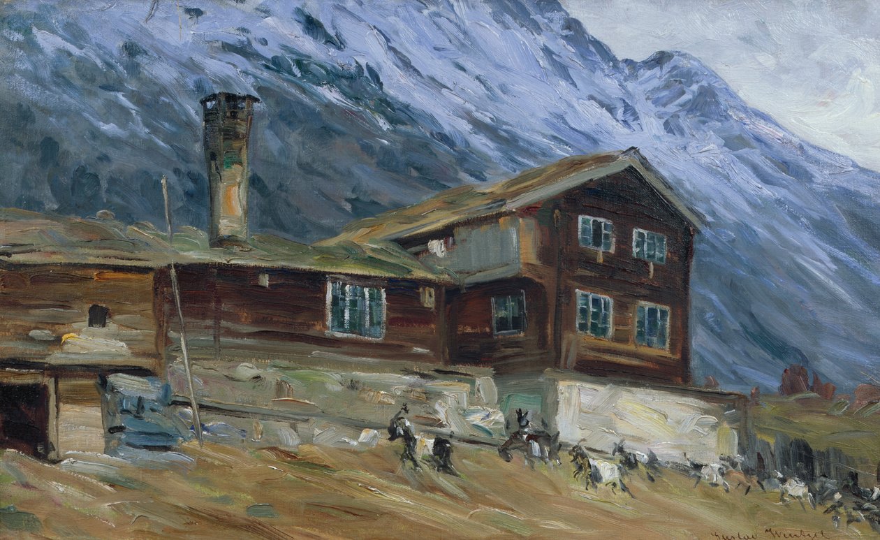 Bergboerderij in sneeuwlandschap door Gustav Wentzel