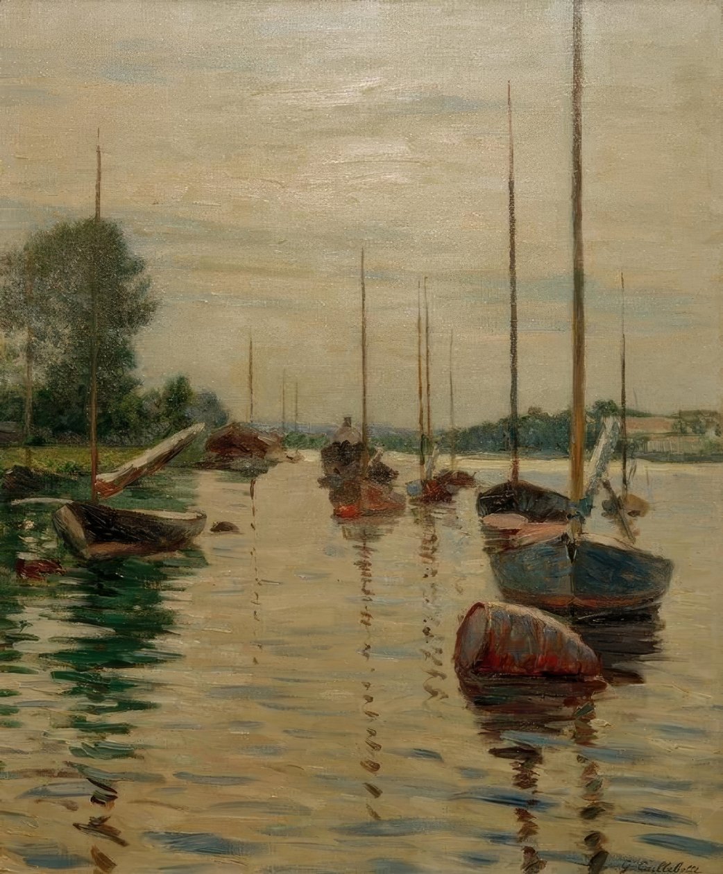 Boten voor anker op de Seine door Gustave Caillebotte