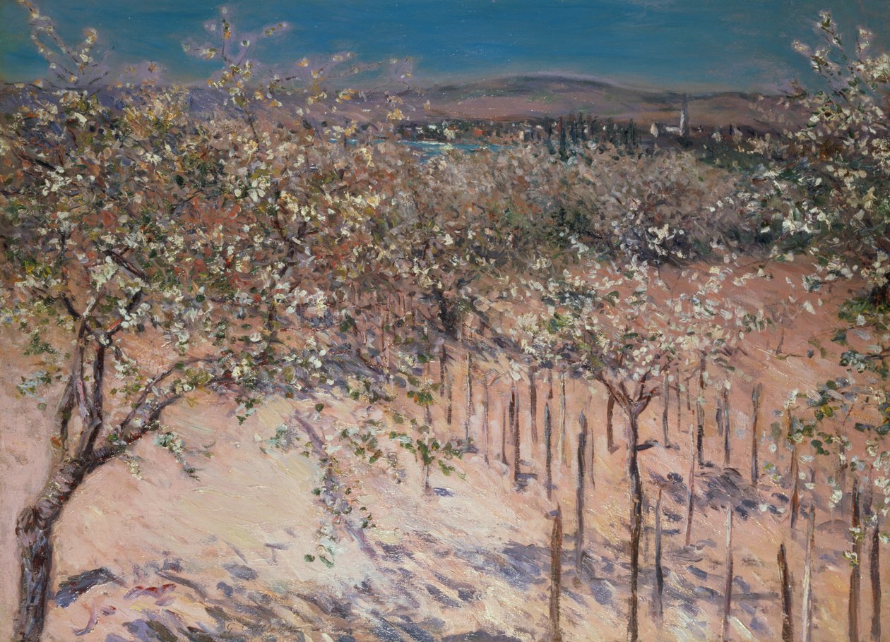 Boomgaard met bloeiende appelbomen, Colombes door Gustave Caillebotte