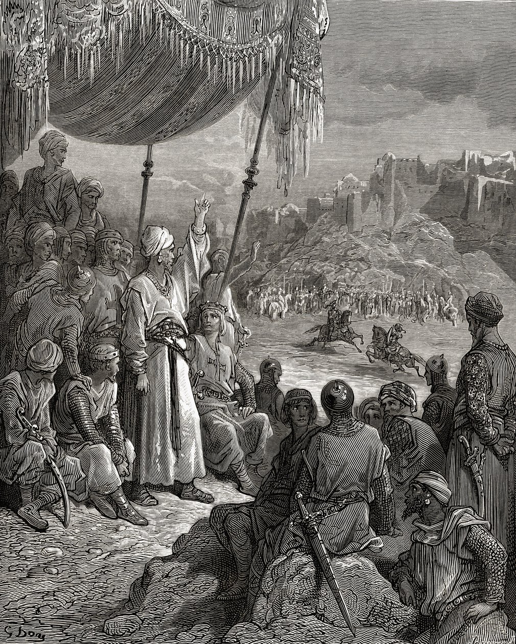 Een vriendschappelijk toernooi tijdens de Derde Kruistocht in 1189, illustratie uit 
