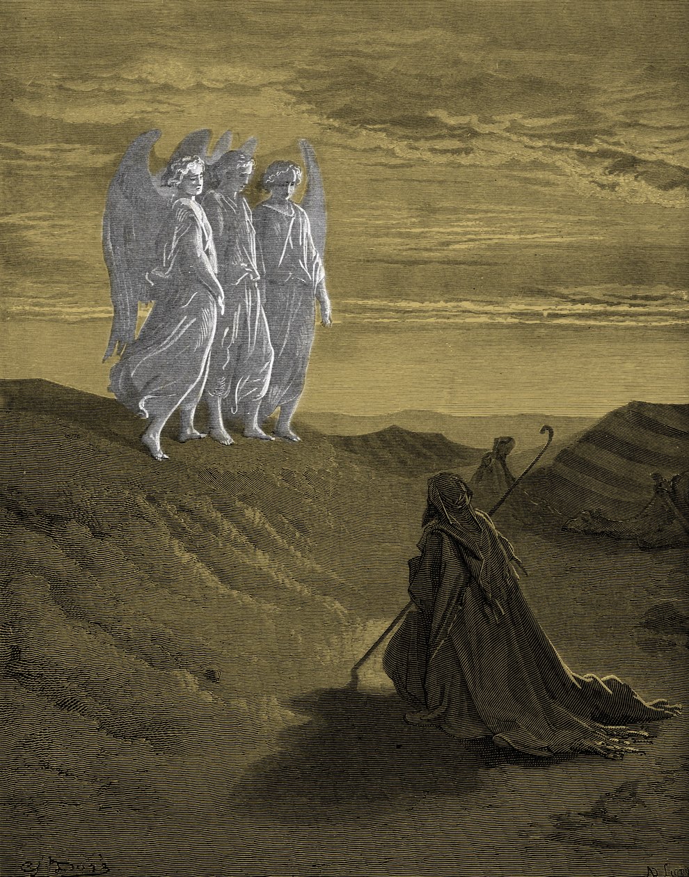 Abraham en de Drie Engelen, gravure door Doré. - Bijbel door Gustave Dore