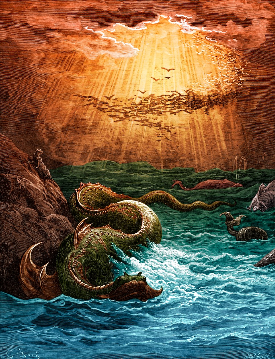 Paradise Lost: Schepping van de vissen en vogels. Doré door Gustave Dore