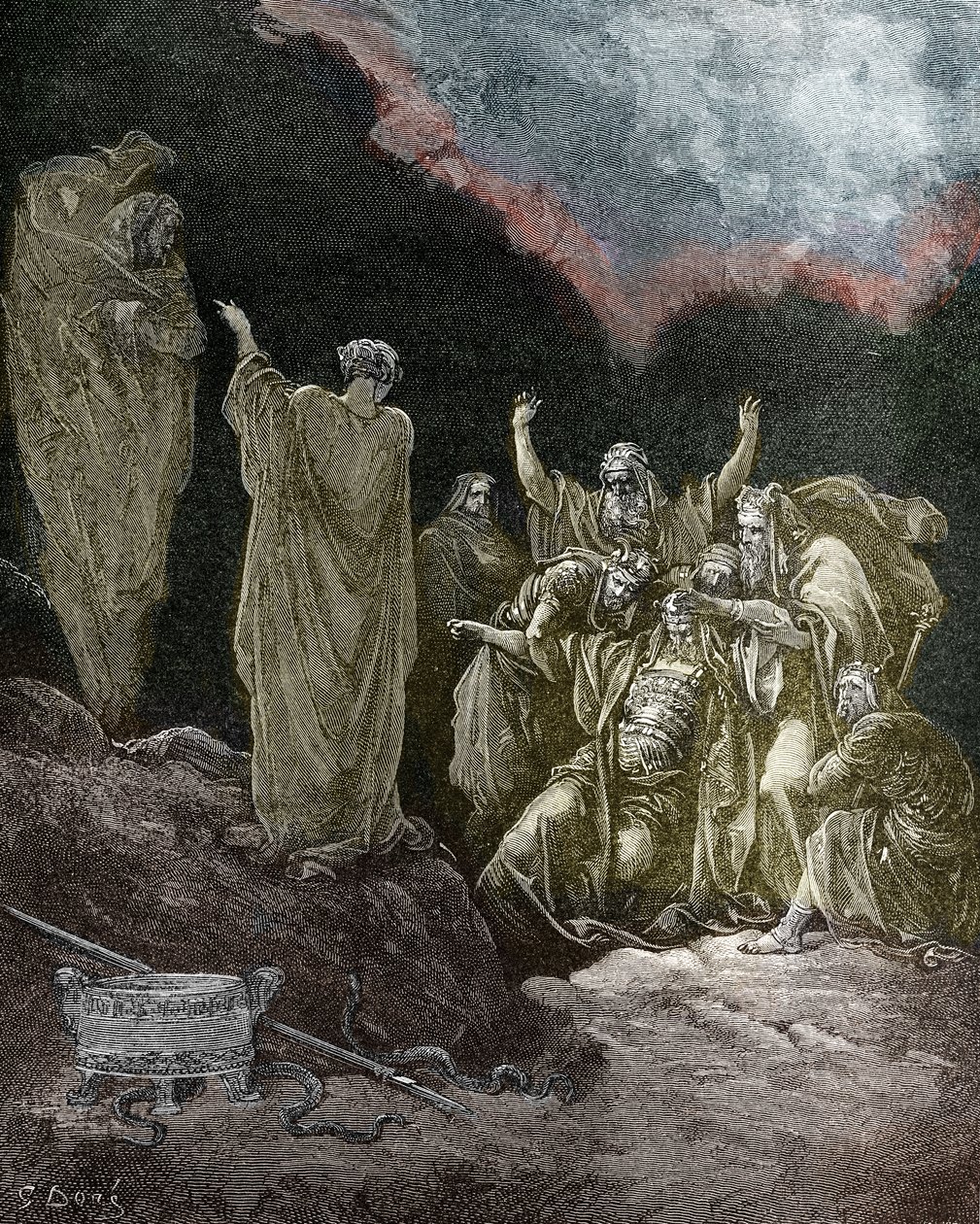 Saul en de medium heks van Endor, door Doré. - Bijbel door Gustave Dore