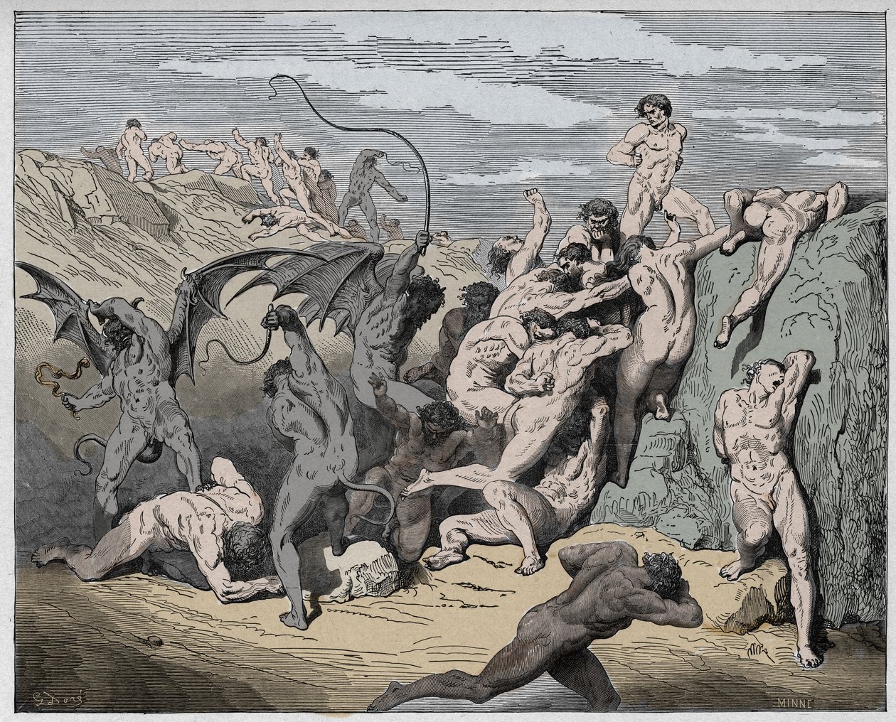 Inferno, Canto 18: Duivels en verleiders, illustratie uit De Goddelijke Komedie van Dante Alighieri, 1885 (digitaal ingekleurde gravure) door Gustave after Dore