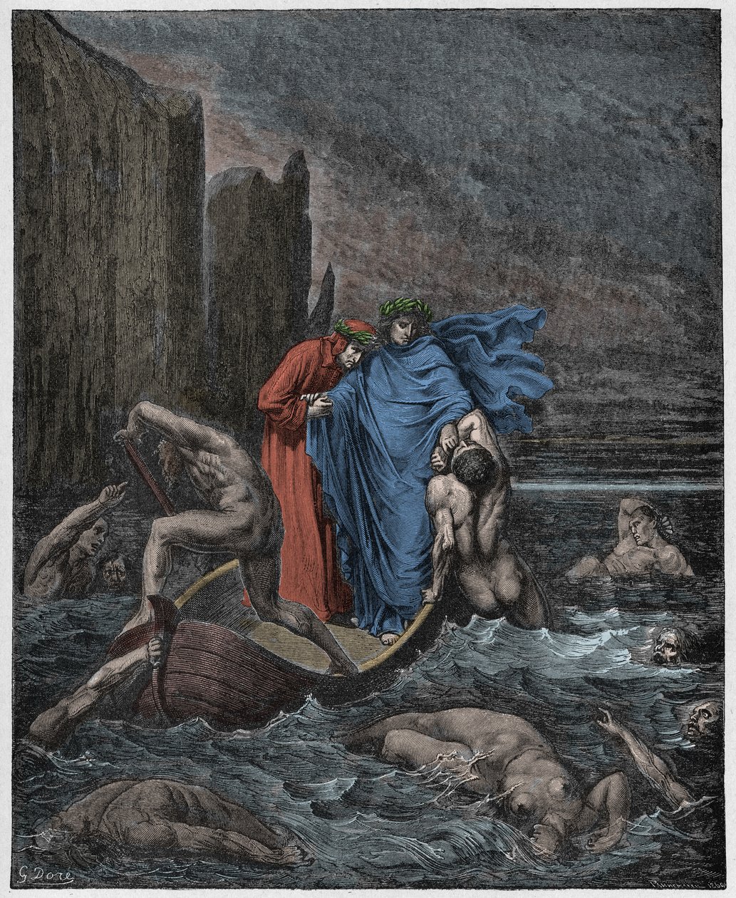 Inferno, Canto 8: De ziel van de Florentijn Philippo Argenti benadert de dichters op de Styx, illustratie uit De Goddelijke Komedie van Dante Alighieri, 1885 (digitaal ingekleurde gravure) door Gustave after Dore