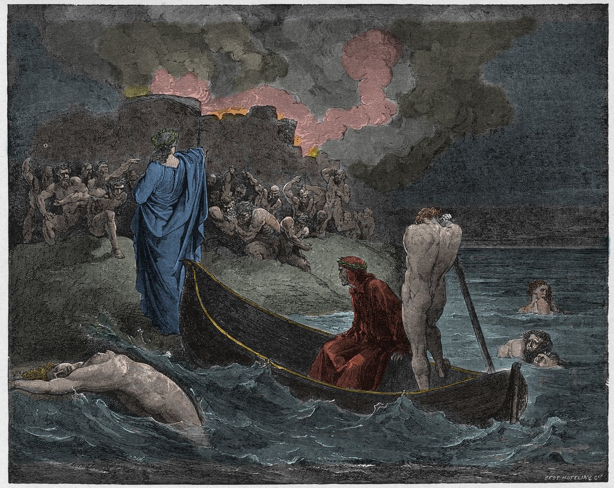 Inferno, Canto 8: Vergilius en Dante ontschepen bij de citadel van Dis, illustratie uit De Goddelijke Komedie van Dante Alighieri, 1885 (digitaal ingekleurde gravure) door Gustave after Dore
