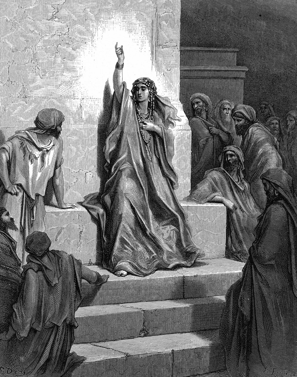 Debora, Hebreeuwse profetes die haar volk bevrijdde van Jabin, koning van Kanaän, en zijn generaal Sisera, zingend haar triomflied. Rechters 5:1. 13e eeuw v.Chr. Uit Gustave Dore