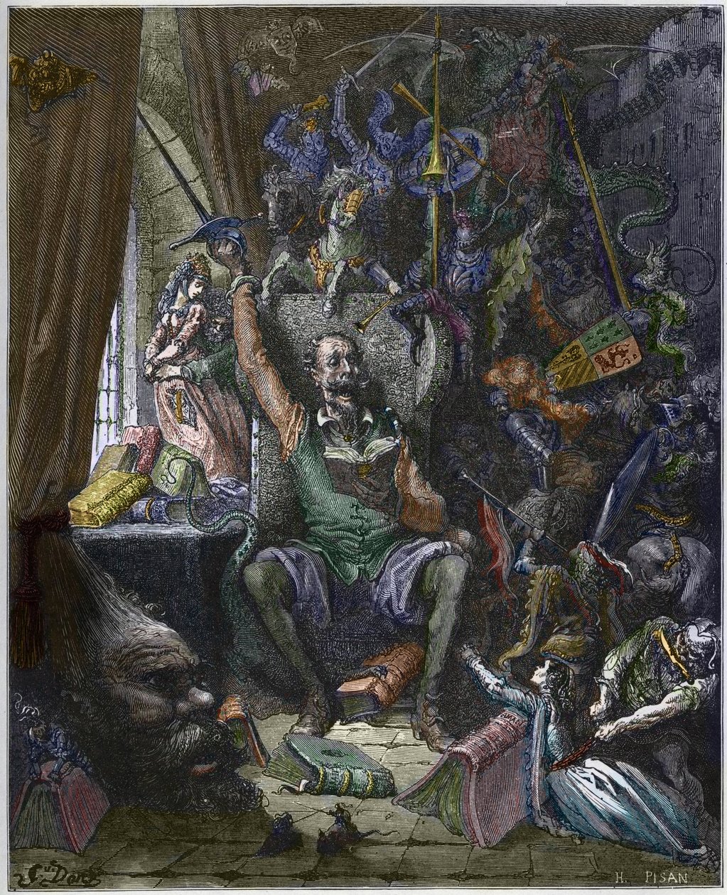 Don Quichot in zijn studeerkamer omringd door de fantomen van zijn dagdromen - 