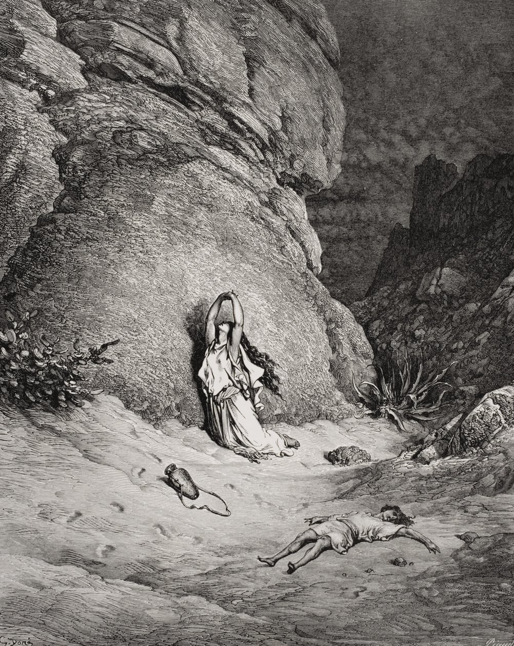 Hagar en Ismaël in de woestijn, illustratie uit Dore